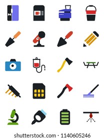 Color and black flat icon set - coffee machine vector, camera, pencil, trowel, rake, bucket, axe, picnic table, dropper, microscope, microphone, battery, hdmi, sim, copier, fridge, rolling pin