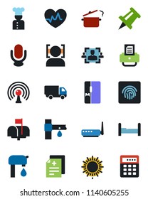 Color and black flat icon set - sun vector, drawing pin, printer, drip irrigation, heart pulse, diagnosis, car delivery, antenna, microphone, face id, fingerprint, hr, water supply, bedroom, fridge