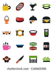 Color and black flat icon set - coffee machine vector, cafe, drink, cocktail, plates, waiter, egg stand, table, dress code, open close, alcove, steak, hamburger, hot dog, bowl, knife, serviette