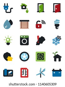 Color and black flat icon set - sim vector, home control, chip, eco house, power plug, fan, wireless lock, snowflake, intercome, water, washer, smoke detector, bulb, energy saving, jalousie, protect