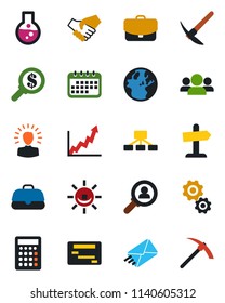 Color and black flat icon set - alarm led vector, consumer search, group, gear, shining head, handshake, earth, growth graph, money, calendar, flask, case, calculator, schedule, hierarchy, mail