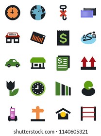 Color and black flat icon set - signpost vector, earth, store, office phone, support, cargo container, car delivery, clock, receipt, warehouse storage, up side sign, no hook, tulip, sorting, barcode