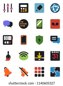 Color and black flat icon set - mobile vector, phone back, menu, message, protect, tuning, themes, calculator, stopwatch, bell, record, network, calendar, notes, download, wireless, mute