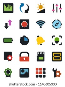 Color and black flat icon set - menu vector, update, gallery, tuning, stopwatch, bell, record, scanner, sd, data exchange, wireless, brightness, compass, lock, face id, battery, sertificate
