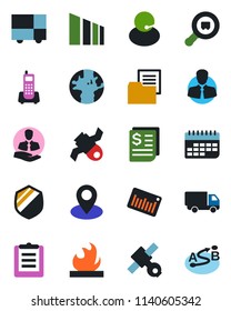Color and black flat icon set - earth vector, pin, satellite, office phone, support, client, car delivery, term, receipt, consolidated cargo, clipboard, folder document, sorting, shield, flammable