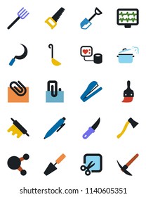 Color and black flat icon set - pen vector, trowel, shovel, farm fork, saw, sickle, garden knife, axe, monitor pulse, blood pressure, share, themes, cut, paper clip, stapler, ladle, rolling pin