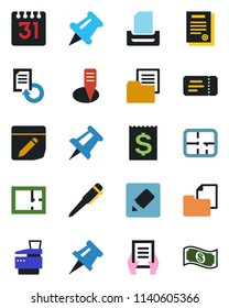 Color and black flat icon set - ticket vector, pen, document, drawing pin, reload, plant label, receipt, folder, paper, calendar, notes, tray, copier, contract, plan, cash