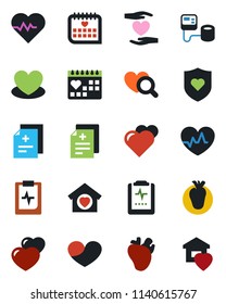 Color and black flat icon set - heart vector, pulse, diagnosis, blood pressure, diagnostic, shield, hand, real, medical calendar, clipboard, sweet home