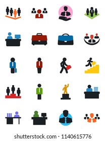 Color and black flat icon set - manager vector, pedestal, team, place, client, case, company, desk, career ladder, group