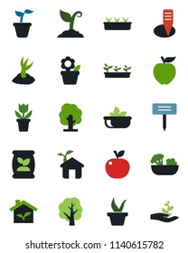 Color and black flat icon set - flower in pot vector, seedling, tree, sproute, plant label, fertilizer, salad, apple fruit, eco house, palm