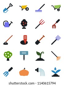 Color and black flat icon set - garden fork vector, shovel, farm, rake, watering can, wheelbarrow, sproute, hoe, plant label, pumpkin, fruit tree, irrigation