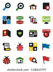 Color and black flat icon set - contract vector, statistic monitor, lady bug, heart diagnostic, shield, medical calendar, warehouse, search cargo, application, sertificate, wine card, open close