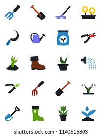 Color and black flat icon set - job vector, flower in pot, garden fork, shovel, rake, seedling, watering can, sproute, pruner, boot, sickle, fertilizer, irrigation