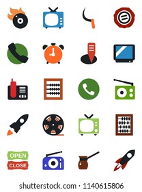 Color and black flat icon set - alarm clock vector, phone, tv, abacus, stamp, sickle, plant label, reel, flame disk, radio, call, open close, turkish coffee, rocket