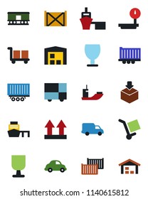 Color and black flat icon set - sea shipping vector, truck trailer, cargo container, car delivery, port, consolidated, fragile, up side sign, package, heavy scales, railroad, warehouse