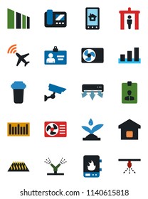 Color and black flat icon set - plane radar vector, security gate, identity card, sorting, barcode, air conditioner, smart home, irrigation, water heater, intercome, control app, filter, warm floor