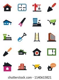 Color and black flat icon set - airport building vector, office, trowel, shovel, ladder, wheelbarrow, saw, house, hospital, with garage, plan, sweet home, crane, message