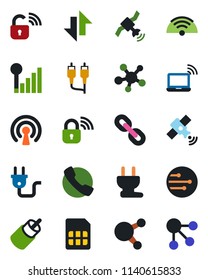 Color and black flat icon set - wireless notebook vector, satellite, share, chain, rca, call, sim, network, data exchange, cellular signal, power plug, lock, social media
