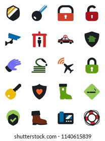 Color and black flat icon set - plane radar vector, security gate, smoking place, alarm car, glove, boot, hose, heart shield, lock, key, intercome, home protect, surveillance, crisis management