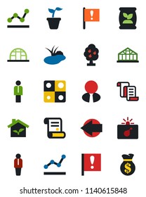 Color and black flat icon set - bomb in case vector, left arrow, manager, contract, seedling, greenhouse, pond, fertilizer, important flag, application, point graph, fruit tree, estate agent