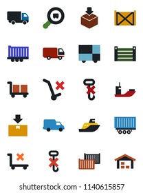 Color and black flat icon set - sea shipping vector, truck trailer, cargo container, car delivery, consolidated, no trolley, hook, package, search, warehouse