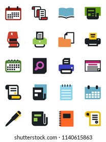 Color and black flat icon set - contract vector, book, document search, pen, notepad, calendar, printer, folder, news, copybook, schedule