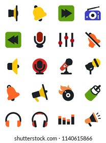 Color and black flat icon set - flame disk vector, microphone, radio, speaker, loudspeaker, settings, equalizer, headphones, fast forward, rewind, rca, bell, mute, sound, advertising