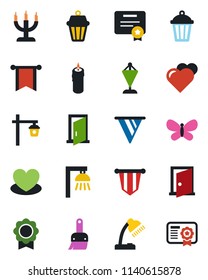 Color and black flat icon set - pennant vector, butterfly, garden light, heart, themes, sertificate, desk lamp, candle, outdoor, door, pennon, certificate