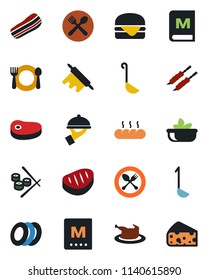 Color and black flat icon set - spoon and fork vector, cafe, menu, salad, plates, bacon, waiter, bread, chicken, steak, kebab, hamburger, ladle, rolling pin, sushi, cheese