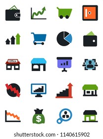 Color and black flat icon set - shop vector, checkroom, growth statistic, money bag, crisis graph, store, monitor statistics, pie, hr, consumer search, arrow up, wallet, cart, presentation