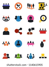 Color and black flat icon set - spoon and fork vector, speaking man, team, meeting, patient, group, user, company, hr, client search, social media, hierarchy