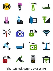 Color and black flat icon set - antenna vector, office phone, radio, satellite, remote control, wireless, cellular signal, lock, router, garage gate