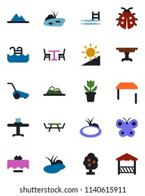 Color and black flat icon set - cafe vector, flower in pot, lawn mower, butterfly, lady bug, pond, picnic table, brightness, pool, fruit tree, mountains, restaurant, alcove