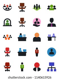 Color and black flat icon set - reception vector, manager, place, client, user, company, office chair, desk, estate agent, group, hierarchy