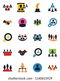 Color and black flat icon set - handshake vector, hierarchy, pedestal, team, patient, user, company, hr, meeting, client search, consumer, group
