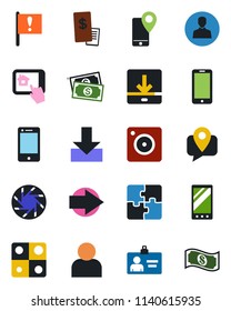 Color and black flat icon set - right arrow vector, mobile phone, identity card, important flag, cash, tracking, cell, camera, user, download, application, restaurant receipt, home control app