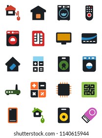 Color and black flat icon set - washer vector, calculator, monitor, speaker, phone back, sim, smart home, credit card, control, chip, remote, router, usb flash