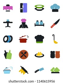 Color and black flat icon set - fridge vector, cook, restaurant table, serviette, cafe, hat, plates, salt and pepper, ladle, rolling pin, cutting board, knife, steaming pan