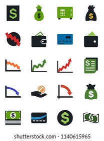 Color and black flat icon set - credit card vector, safe, dollar sign, money bag, crisis graph, receipt, wallet, growth, investment, cash