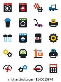 Color and black flat icon set - coffee machine vector, washer, fork loader, gear, ripper, lawn mower, tomography, printer, crane, water filter, combination lock