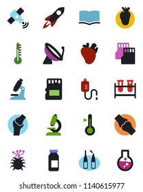 Color and black flat icon set - satellite antenna vector, book, blood test vial, dropper, microscope, ampoule, real heart, joint, virus, sd, thermometer, rocket, flask