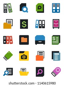 Color and black flat icon set - office binder vector, document search, receipt, folder, photo gallery, paper, archive box, usb flash