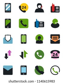 Color and black flat icon set - phone vector, mobile, office, 24 hours, support, cell, radio, mail, call, data exchange