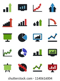 Color and black flat icon set - growth statistic vector, presentation board, crisis graph, monitor, circle chart, statistics, bar, pie, point, arrow up