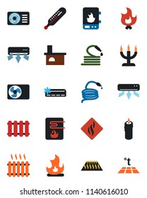 Color and black flat icon set - fire vector, hose, fireplace, thermometer, heater, air conditioner, candle, water, smoke detector, radiator, warm floor