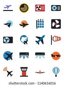 Color and black flat icon set - plane vector, airport tower, radar, departure, wind, seat map, globe, air conditioner, fan, paper, balloon