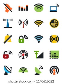 Color and black flat icon set - antenna vector, wireless notebook, radar, satellite, equalizer, mute, cellular signal, lock