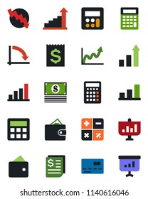 Color and black flat icon set - credit card vector, growth statistic, calculator, crisis graph, receipt, bar, wallet, cash, presentation