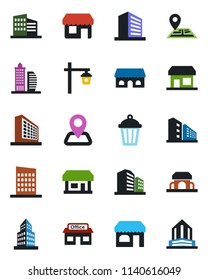 Color and black flat icon set - shop vector, office building, garden light, navigation, store, city house, cafe, storefront