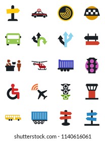Color and black flat icon set - airport tower vector, plane radar, taxi, bus, passport control, signpost, alarm car, helicopter, disabled, route, traffic light, truck trailer, guidepost